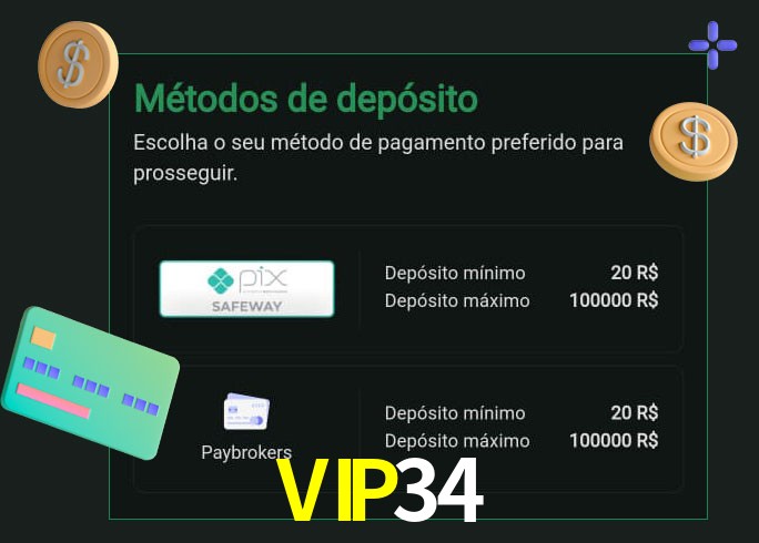 O cassino VIP34 oferece uma grande variedade de métodos de pagamento